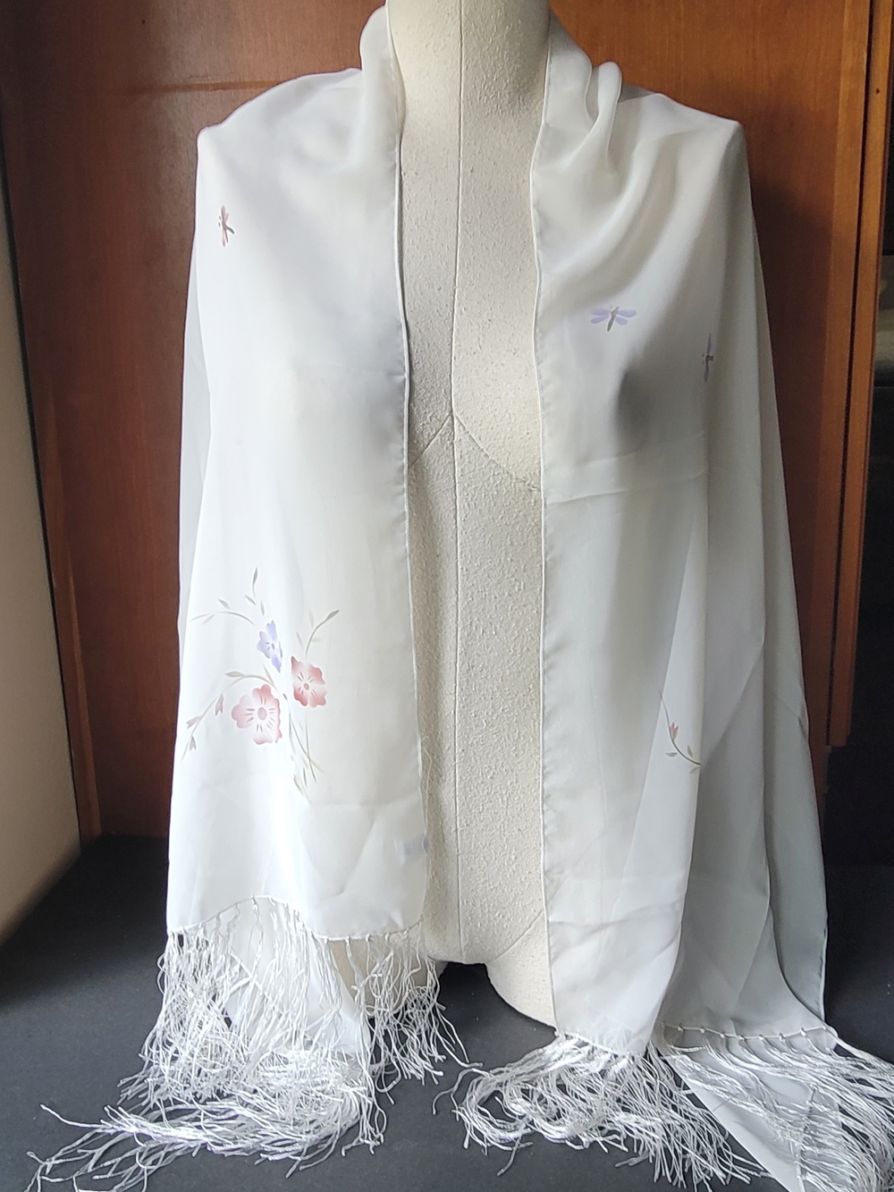 Elegant Cream Floral Fringe Shawl Wrap